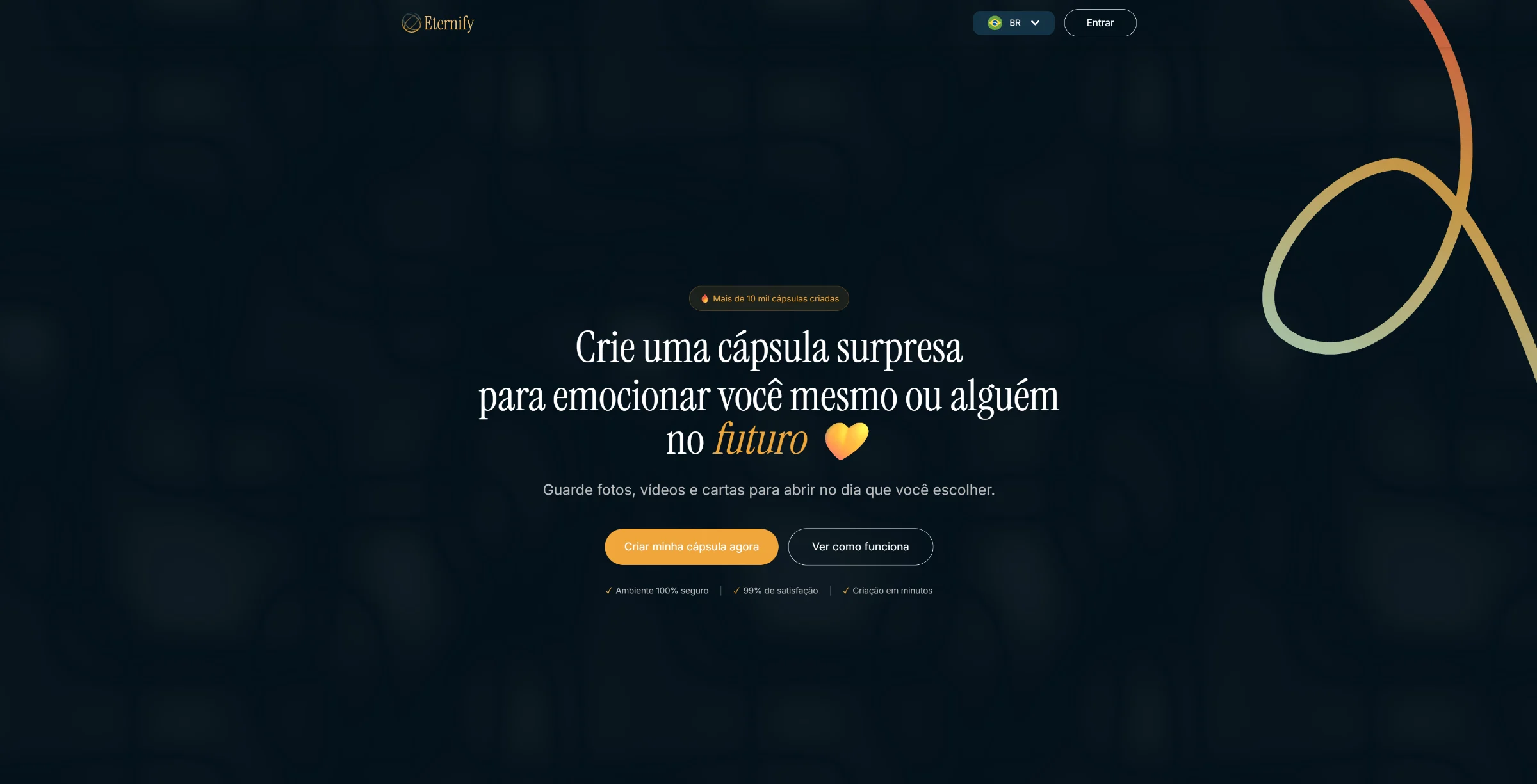 A página inicial da Eternify: a marca, a fita dourada e o convite para criar uma cápsula